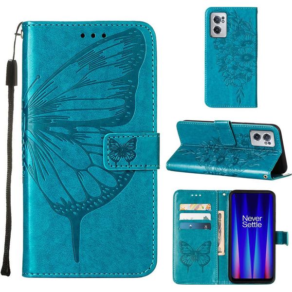 Oneplus Nord Ce 2 5G Case, Butterfly Emboss Flip Custodia In Pelle Con Slot Per Schede E Supporto Per Oneplus Nord Ce 2 5G Blu-image