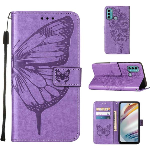 Moto G40 Case, Butterfly Relief Flip Custodia In Pelle Con Slot Per Schede E Supporto Per Motorola Moto G40 / G60 Viola-image