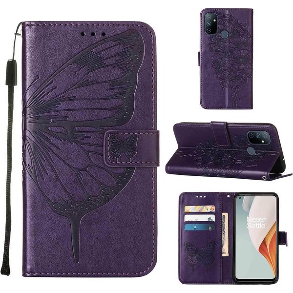 Custodia Oneplus Nord N100, Custodia In Pelle Flip A Rilievo Farfalla Con Slot Per Schede E Supporto Per Oneplus Nord N100 Viola-image