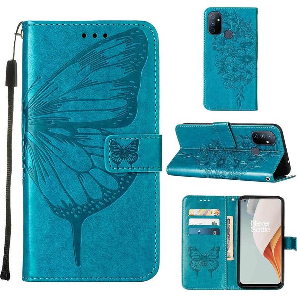 Custodia Oneplus Nord N100, Custodia In Pelle Flip A Rilievo Farfalla Con Slot Per Schede E Supporto Per Oneplus Nord N100 Blu-image