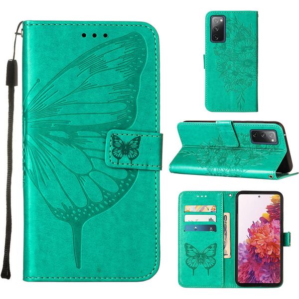 Galaxy S20 Fe 4G Case, Butterfly Relief Flip Custodia In Pelle Con Slot Per Schede E Stand Per Samsung Galaxy S20 Fe 4G / 5G Verde-image