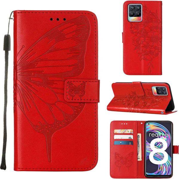 Oppo Realme 8 Case, Butterfly Relief Flip Custodia In Pelle Con Slot Per Schede E Stand Per Oppo Realme 8 / Realme 8 Pro Red-image