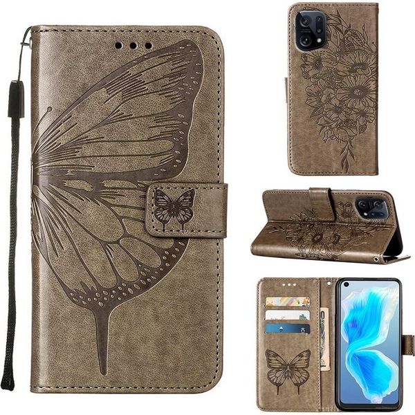 Oppo Find X5 Case, Butterfly Relief Flip Custodia In Pelle Con Slot Per Schede E Stand Per Oppo Find X5 Grey-image