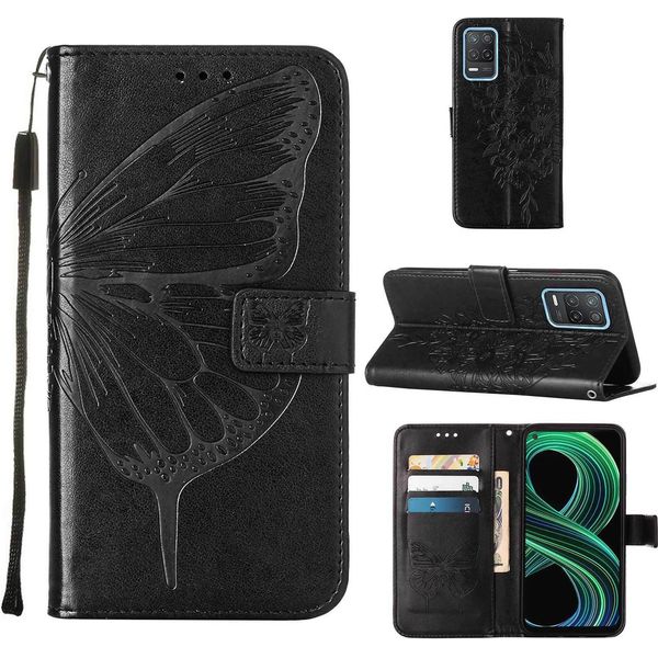 Oppo Realme 8 5G Case, Farfalla Rilievo Flip Custodia In Pelle Con Tasca Per Carte E Stand Per Oppo Realme 8 5G / Realme V13 5G / Narzo 30 5G Nero-image