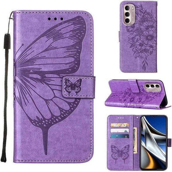 Moto G Stylus 4G 2022 Case, Butterfly Embossing Flip Leather Card Holder Custodia Protettiva In Pelle Con Supporto Per Motorola Moto G Stylus 4G 2022 Purple-image