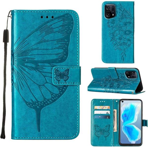 Oppo Find X5 Case, Butterfly Relief Flip Custodia In Pelle Con Slot Per Schede E Stand Per Oppo Find X5 Blu-image