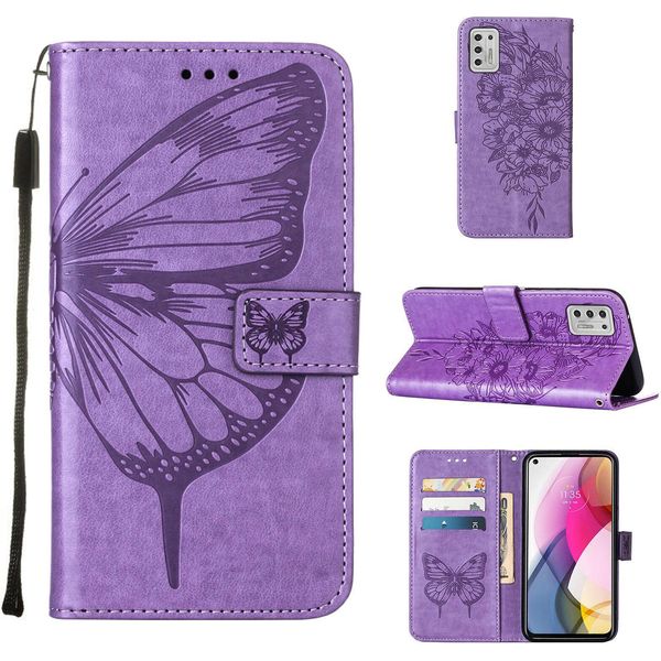 Moto G Stylus 2021 Case, Butterfly Relief Flip Custodia In Pelle Con Slot Per Schede E Stand Per Motorola Moto G Stylus 2021 Viola-image