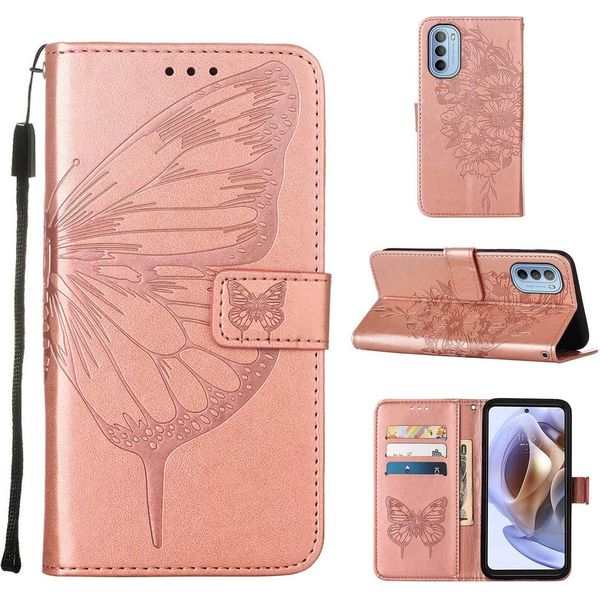 Moto G31 Case, Butterfly Relief Flip Custodia In Pelle Con Slot Per Schede E Stand Per Motorola Moto G31 Rose Gold-image
