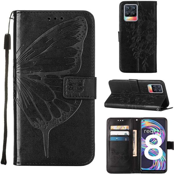 Oppo Realme 8 Case, Butterfly Relief Flip Custodia In Pelle Con Slot Per Schede E Stand Per Oppo Realme 8 / Realme 8 Pro Nero-image