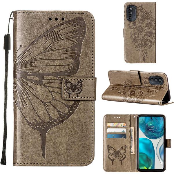 Moto G52 Case, Butterfly Relief Flip Custodia In Pelle Con Slot Per Schede E Stand Per Motorola Moto G52 Grigio-image