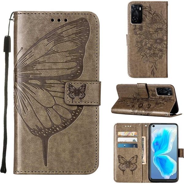 Oppo A55S 5G Case, Farfalla Rilievo Flip Custodia In Pelle Con Slot Per Schede E Stand Per Oppo A55S 5G Grigio-image