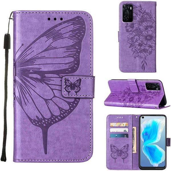 Oppo A55S 5G Case, Butterfly Embossing Flip Leather Card Holder Custodia Protettiva In Pelle Con Supporto Per Oppo A55S 5G Purple-image