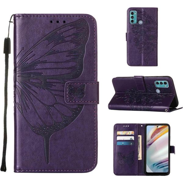 Moto G40 Case, Butterfly Relief Flip Custodia In Pelle Con Slot Per Schede E Supporto Per Motorola Moto G40 / G60 Viola-image
