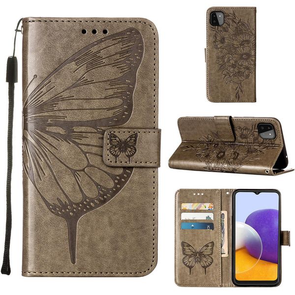 Galaxy A22 5G Case, Butterfly Relief Flip Custodia In Pelle Con Slot Per Schede E Stand Per Samsung Galaxy A22 5G Grigio-image