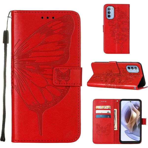 Moto G31 Case, Butterfly Relief Flip Custodia In Pelle Con Slot Per Schede E Stand Per Motorola Moto G31 Rosso-image