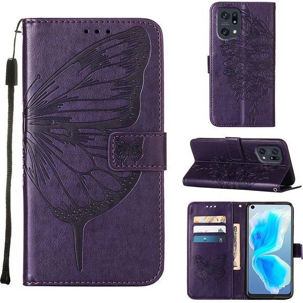 Oppo Find X5 Pro Case, Farfalla Rilievo Flip Custodia In Pelle Con Tasca Per Carte E Stand Per Oppo Find X5 Pro Viola-image
