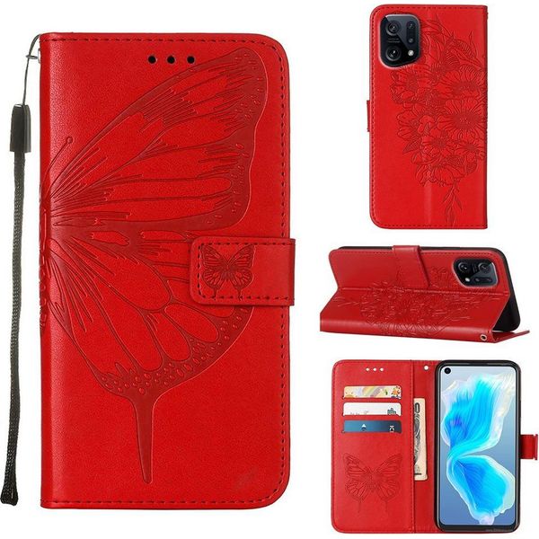 Oppo Find X5 Case, Butterfly Relief Flip Custodia In Pelle Con Slot Per Carte E Stand Per Oppo Find X5 Rosso-image