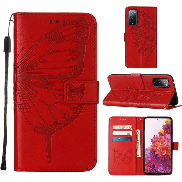 Galaxy S20 Fe 4G Case, Butterfly Relief Flip Custodia In Pelle Con Slot Per Schede E Stand Per Samsung Galaxy S20 Fe 4G / 5G Rosso-image