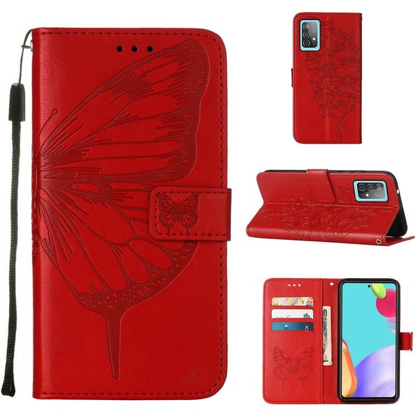 Galaxy A52 4G Case, Butterfly Relief Flip Custodia In Pelle Con Slot Per Schede E Stand Per Samsung Galaxy A52 4G / 5G / A52S 5G Rosso-image