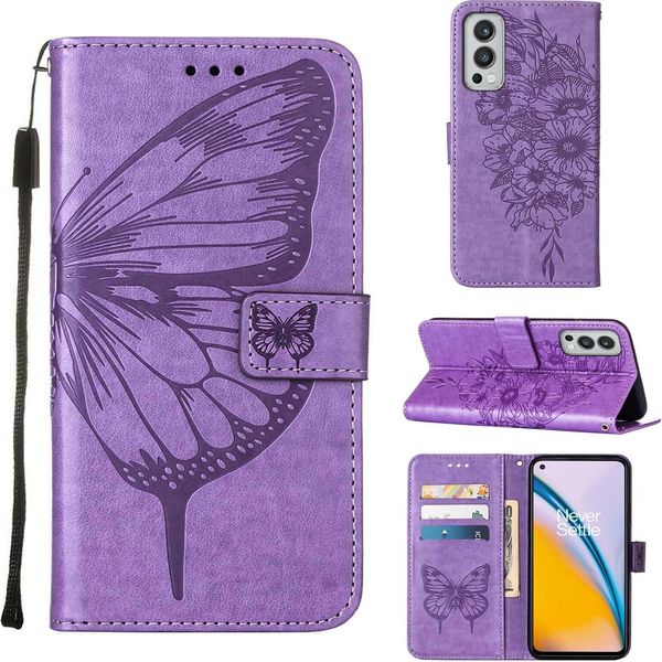Oneplus Nord 2 5G Case, Butterfly Emboss Flip Custodia In Pelle Con Slot Per Schede E Supporto Per Oneplus Nord 2 5G Viola-image