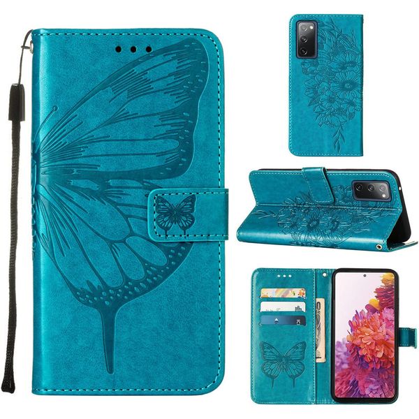 Galaxy S20 Fe 4G Case, Butterfly Relief Flip Custodia In Pelle Con Slot Per Schede E Supporto Per Samsung Galaxy S20 Fe 4G / 5G Blu-image