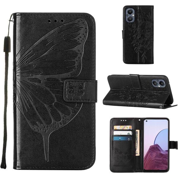 Oneplus Nord 20 5G Case, Butterfly Relief Flip Custodia In Pelle Con Slot Per Schede E Stand Per Oneplus Nord 20 5G Nero-image