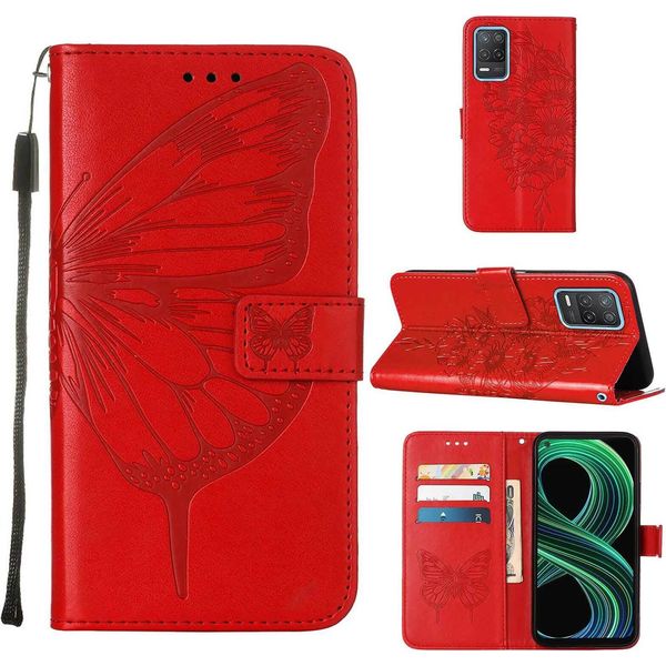 Oppo Realme 8 5G Case, Farfalla Rilievo Flip Custodia In Pelle Con Tasca Per Carte E Stand Per Oppo Realme 8 5G / Realme V13 5G / Narzo 30 5G Rosso-image