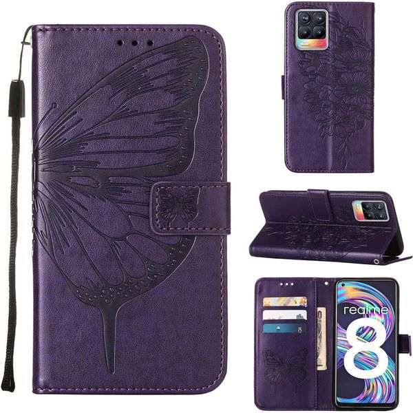 Oppo Realme 8 Case, Butterfly Relief Flip Custodia In Pelle Con Slot Per Schede E Stand Per Oppo Realme 8 / Realme 8 Pro Viola-image