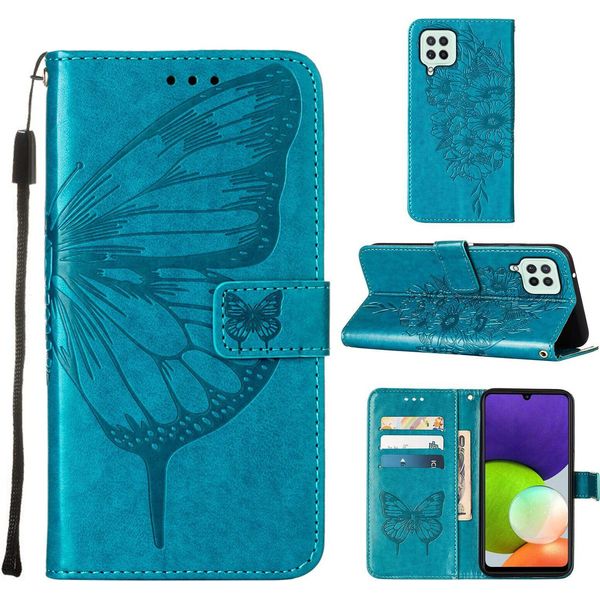 Galaxy A22 4G Case, Butterfly Relief Flip Custodia In Pelle Con Slot Per Schede E Stand Per Samsung Galaxy A22 4G Blu-image