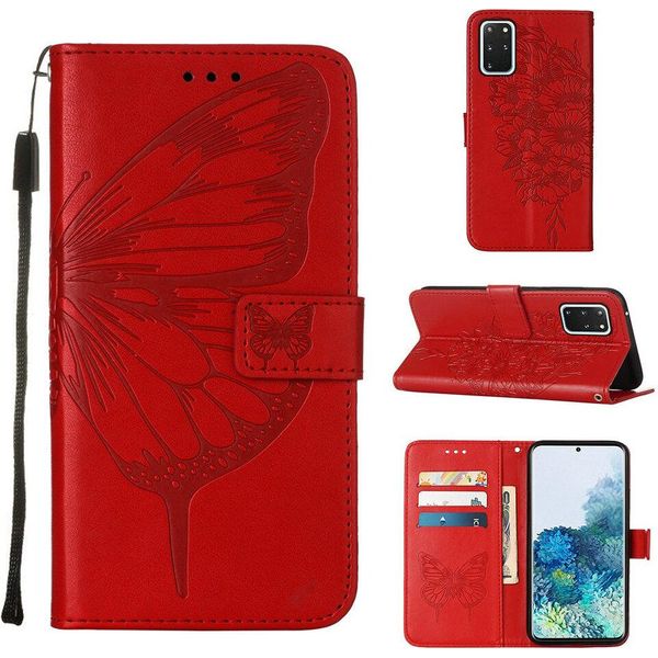 Galaxy S20 Plus Case, Butterfly Relief Flip Custodia In Pelle Con Slot Per Schede E Stand Per Samsung Galaxy S20 Plus Rosso-image