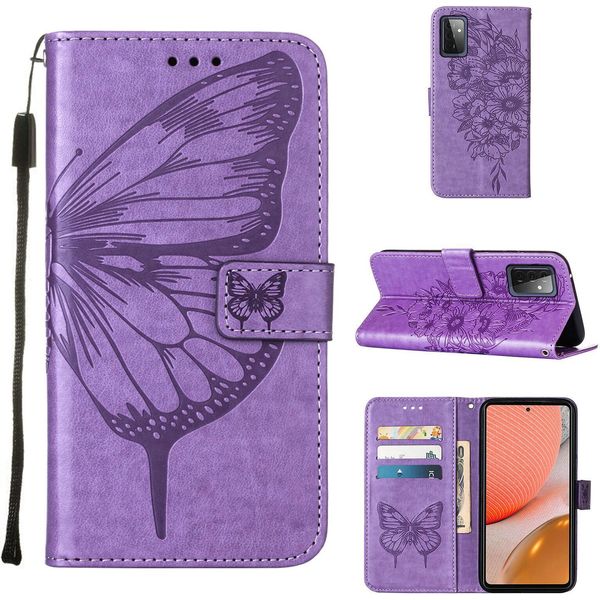 Galaxy A72 4G Case, Butterfly Relief Flip Custodia In Pelle Con Slot Per Schede E Stand Per Samsung Galaxy A72 4G / 5G Viola-image