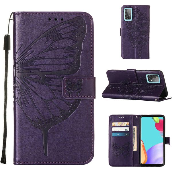 Galaxy A52 5G Case, Butterfly Relief Flip Custodia In Pelle Con Slot Per Schede E Stand Per Samsung Galaxy A52 4G / 5G / A52S 5G Viola-image