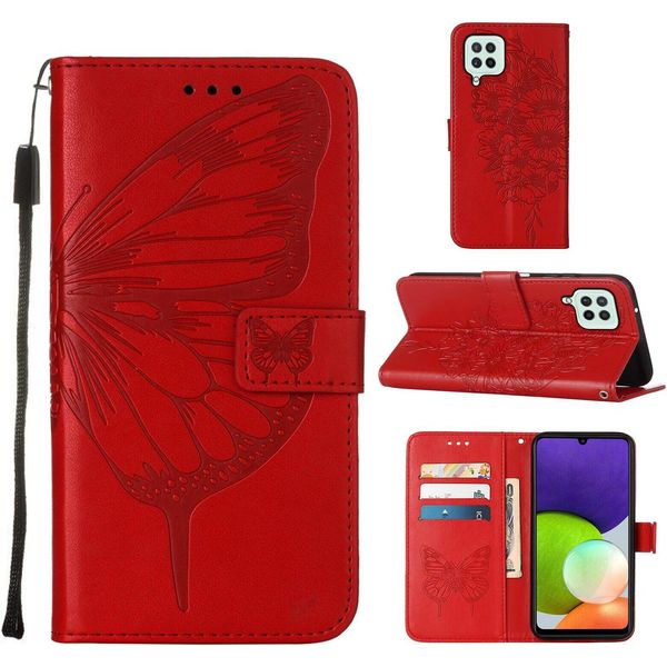 Galaxy A22 4G Case, Butterfly Relief Flip Custodia In Pelle Con Slot Per Schede E Stand Per Samsung Galaxy A22 4G Rosso-image