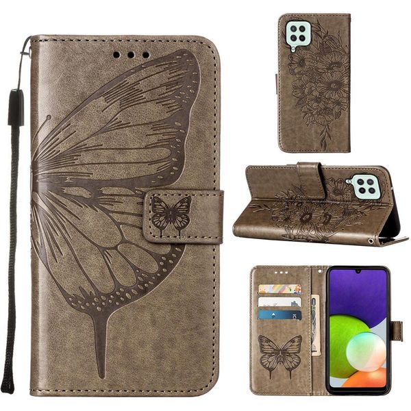 Galaxy A22 4G Case, Butterfly Relief Flip Custodia In Pelle Con Slot Per Schede E Stand Per Samsung Galaxy A22 4G Grey-image