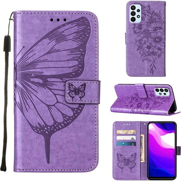 Galaxy A23 4G Case, Butterfly Relief Flip Custodia In Pelle Con Slot Per Schede E Stand Per Samsung Galaxy A23 4G / 5G Viola-image
