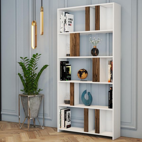Skye Decor, Lima - White, Walnut, Libreria, Bianca, 100 % Melamin Coated Slipboard, 90 X 20 X 180 Cm-image