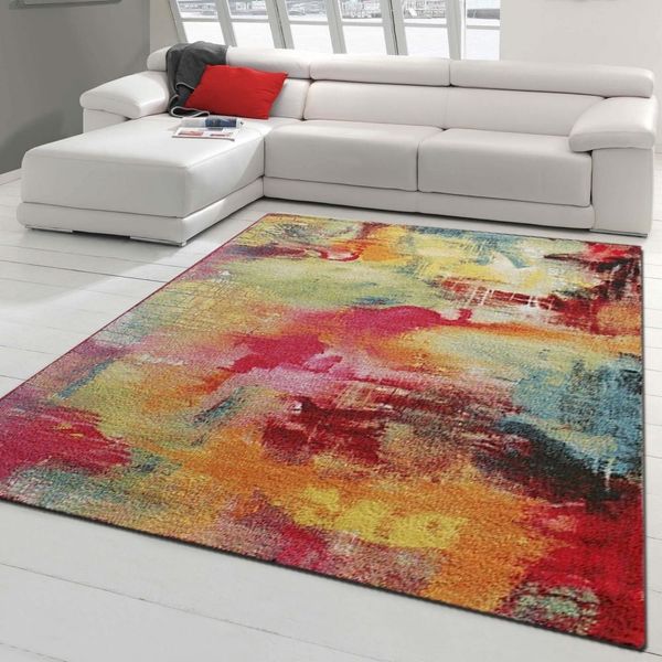 Tappeto Moderno A Pelo Corto Effetto Tela Multicolore Arancione Verde Dimensioni - 200 X 290 Cm-image