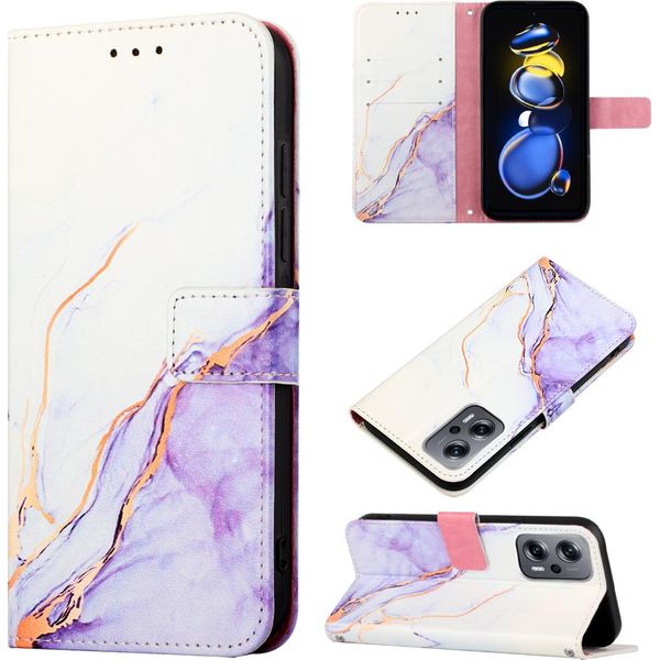 Xiaomi Poco X4 Gt 5G Case, Custodia In Finto Cuoio Con Motivo A Marmi, Tasche Per Carte, Stand Case Per Xiaomi Poco X4 Gt 5G Bianco Viola-image