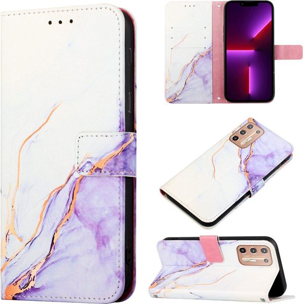 Moto G Stylus 2021 Case, Marble Motifpoliuretanoleather Case Wallet Card Holder With Stand Function Flip Cover Per Motorola Moto G Stylus 2021 White Purple-image