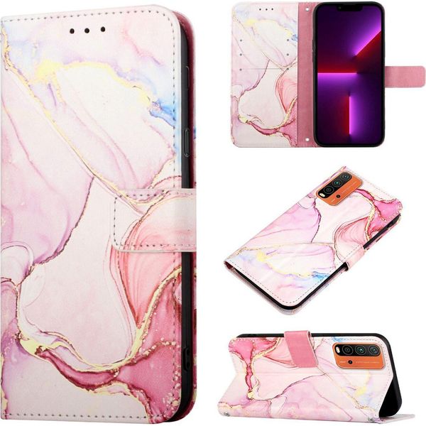 Xiaomi Poco M3 Case, Marble Motifpoliuretanoleather Case Wallet Card Holder Con Funzione Stand Flip Cover Per Xiaomi Poco M3 / Redmi 9T / 9 Power Rosa Bianco-image