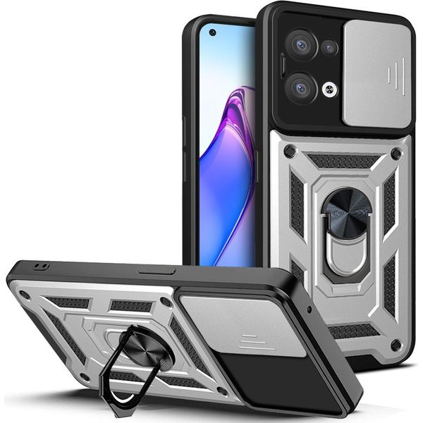 Oppo Reno8 5G Custodia Con Anello Stand Holder Slide Camera Protection Custodia Protettiva In Tpu Pc Per Oppo Reno8 5G Argento-image