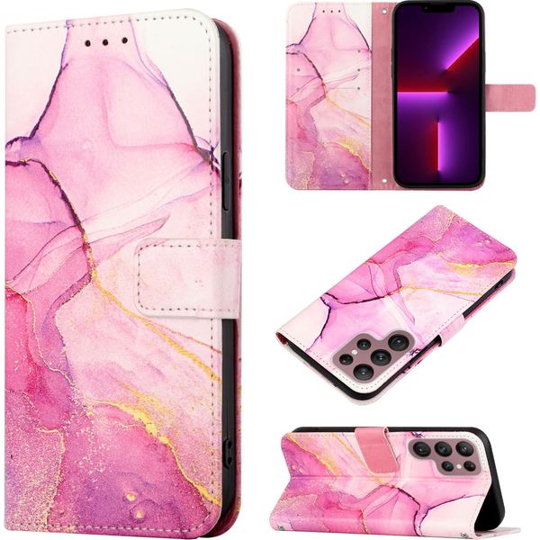 Custodia Per Samsung Galaxy S23 Ultra, Custodia In Finto Cuoio Con Motivo A Marmi, Tasche Per Carte, Custodia Stand Rosa-image