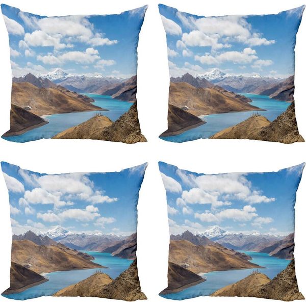 Abakuhaus Set Di Federe Tibetane (4 Pezzi), Fiume Snowy Mountains, Stampa Digitale Moderna Su Entrambi I Lati, 40 Cm X 40 Cm, Marrone Chiaro Blu Pallido-image