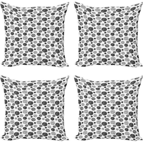 Abakuhaus Set Di Federe Astratte (4 Pezzi), Circular Doodles Dots, Stampa Digitale Moderna Su Entrambi I Lati, 60 Cm X 60 Cm, Bianco E Nero-image