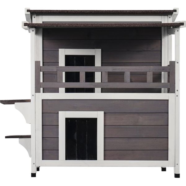 Succebuy Casetta Per Gatti Da Esterno, Resistente Alle Intemperie, Rifugio Per Gatti Selvatici, Grande Casetta In Legno A 2 Piani Con Balcone, Porte, Sportelli In Pvc E Tetto Aperto, 30 "L X 30 ""L X 32 ""H Per Più Gatti"-image