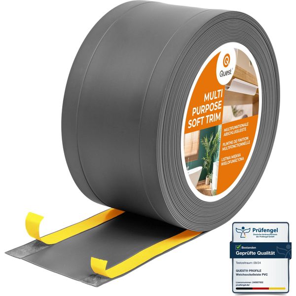 Quest Battiscopa Di Finitura W1 In Pvc 6 In 1 1X95Mm, 5M, Autoadesivo, Coprente, Battiscopa Flessibile Per Pavimenti E Pareti, Grigio Scuro-image
