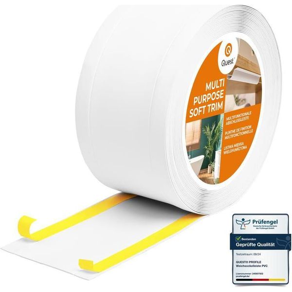 Quest Battiscopa Di Finitura W1 In Pvc 6 In 1 1X75Mm, 25M, Autoadesivo, Coprente, Battiscopa Flessibile Per Pavimenti E Pareti, Bianco-image