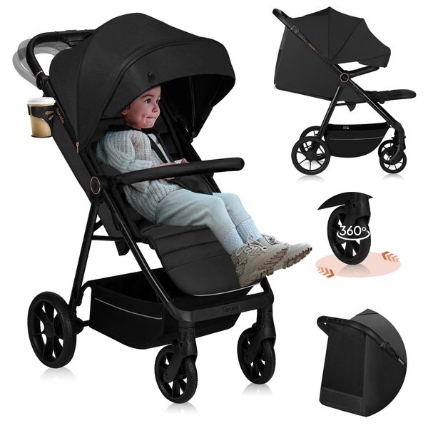 Passeggino Lionelo Mira Fino A 22 Kg, Ruote Girevoli A 360°, Filtro UPF50+, Cappottina Impermeabile Xxl Nera-image