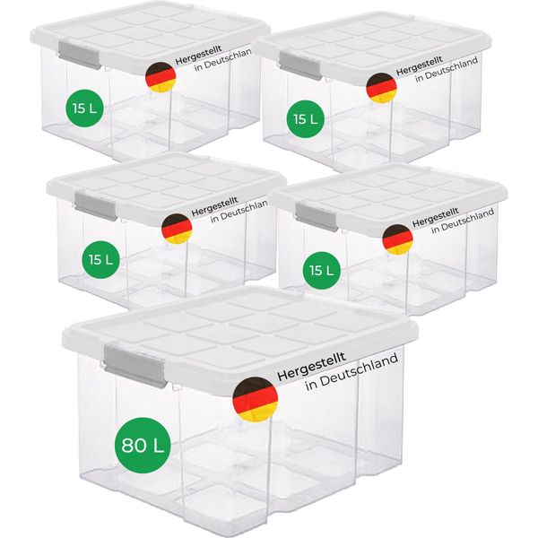 Novaliv 5 Pezzi Set Economico Di Scatole Di Stoccaggio Con Coperchio Trasparente 1X80 L + 4X 15L Nestbar Impilabili Chiusura A Clip Scatole Roll Senza Bpa-image