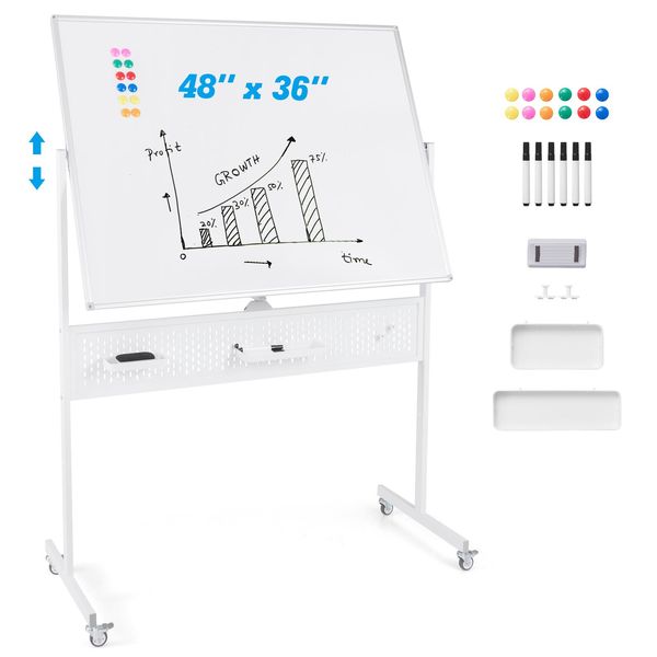 Costway Lavagna Mobile Bifacciale, 120 X 90 Cm, Lavagna Magnetica A Secco Con Lavagna, Ruote E Supporto, Accessori Inclusi Per Ufficio, Casa (Bianco)-image